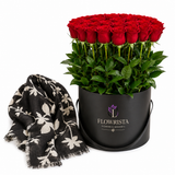Mango Black Floral Printed Scarf with Flowrista 30 Red Roses Black Hat Box