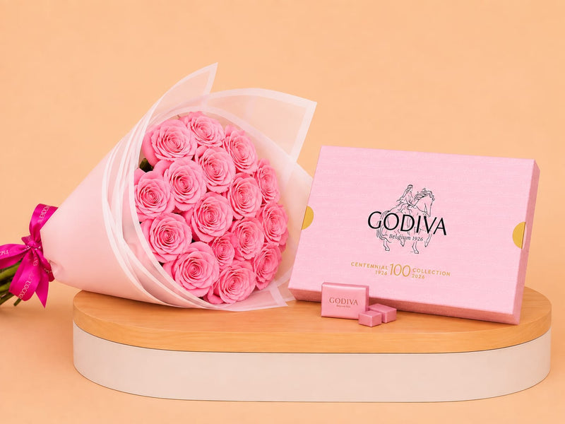 Godiva Centennial 100 Collection & 15 Pink Roses Bouquet