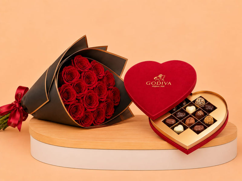 Godiva Velvet Heart Gift Box & 15 Red Roses Bouquet