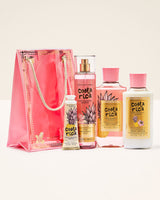 Costa Rica body care products including a pink tote bag, bottles, and containers on a white background.