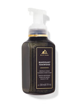 White Barn Mahogany Teakwood Gentle & Clean Foaming Hand Soap in a dark brown pump bottle with a black and gold label, on a white background.