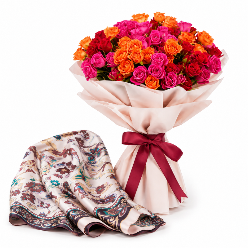 Mango Ecru Oriental Floral Print Scarf with Flowrista Mixed Roses Bouquet