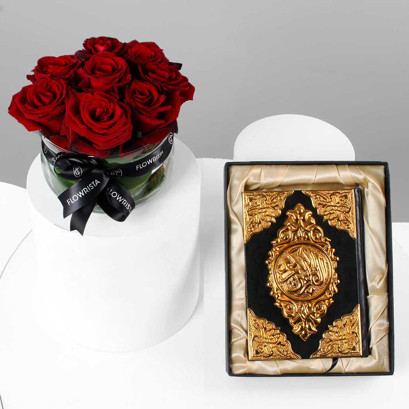 Ramadan Gift Set with Red Roses Vase & Holy Quran