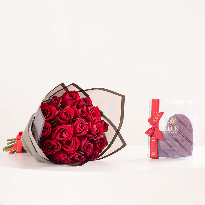 Fleur Heart Chocolate with Hand Bouquet of 20 Red Roses
