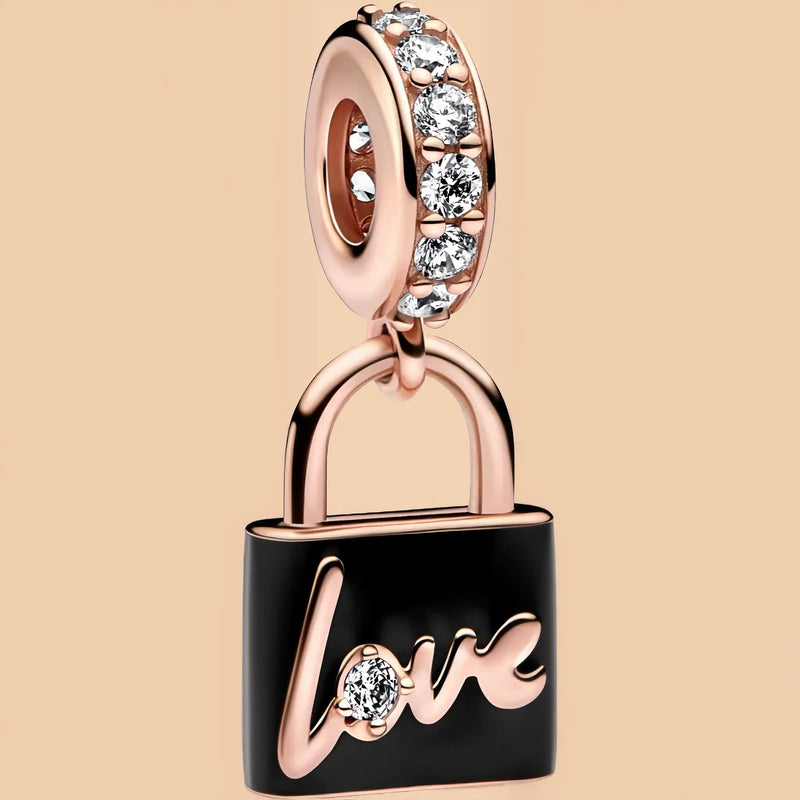 Pandora Padlock Dangle Charm 14k Rose Gold Plated with Zirconia
