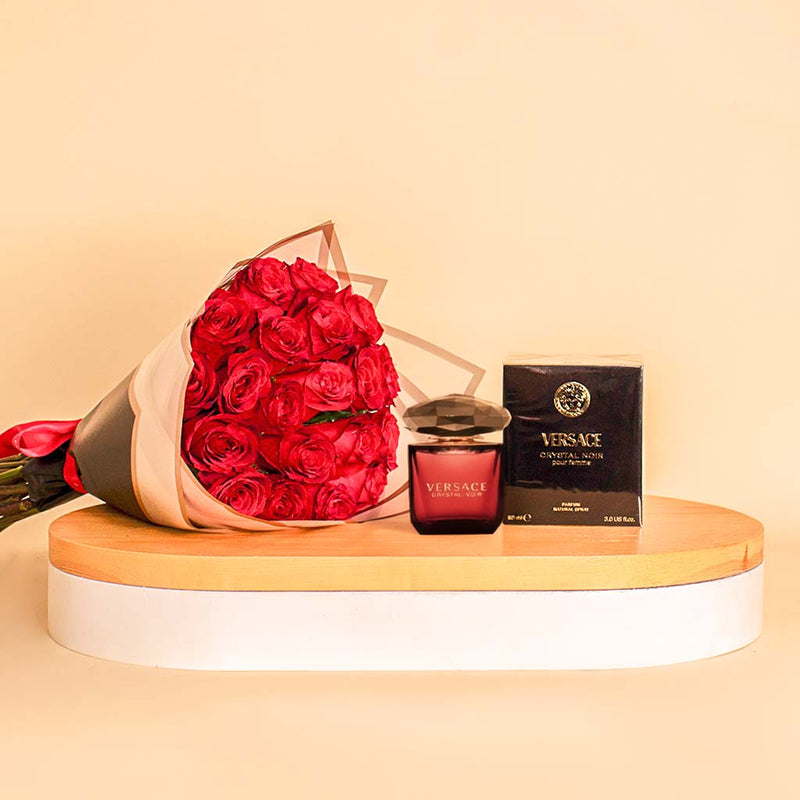Versace Crystal Noir with 20 Red Roses Hand Bouquet