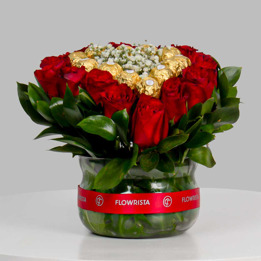 Valentine’s Vase with Red Roses & Ferrero Rocher