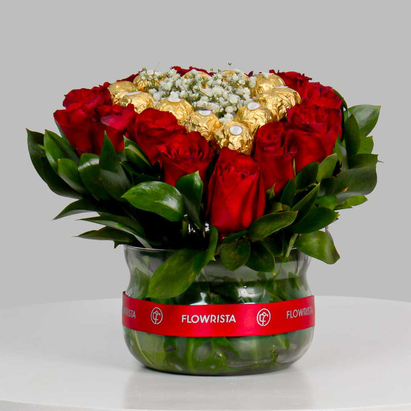 Valentine’s Vase with Red Roses & Ferrero Rocher