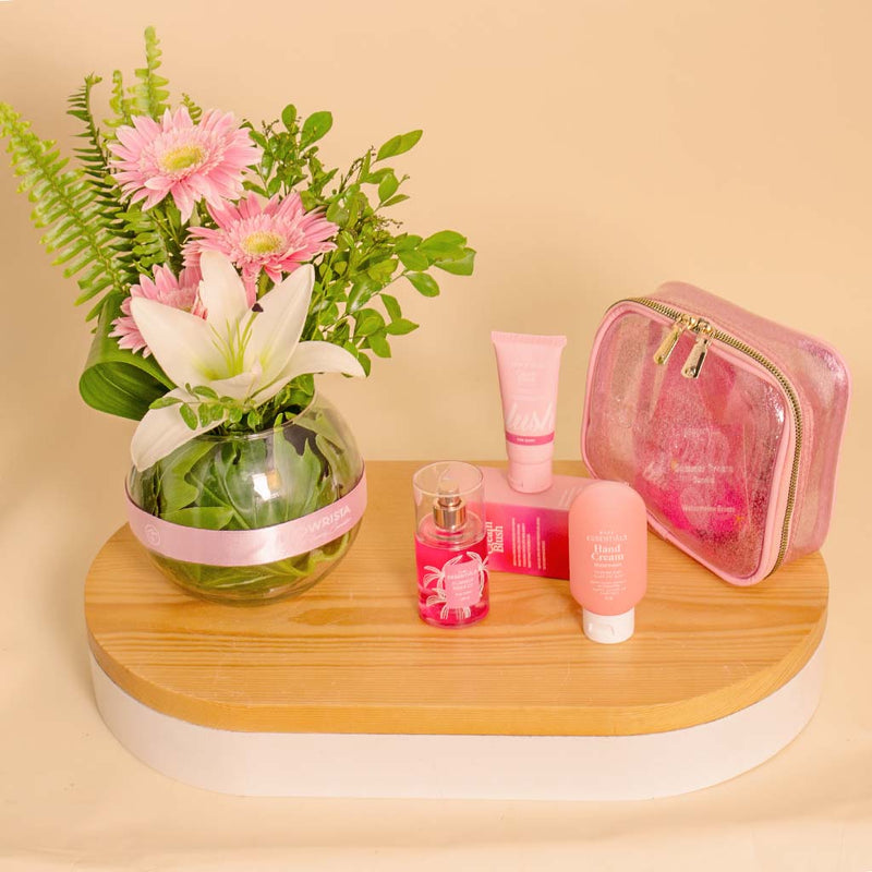 Essentials Summer Breeze Barbie Glitter Pouch | Glass Vase with Gerbera and Lily
