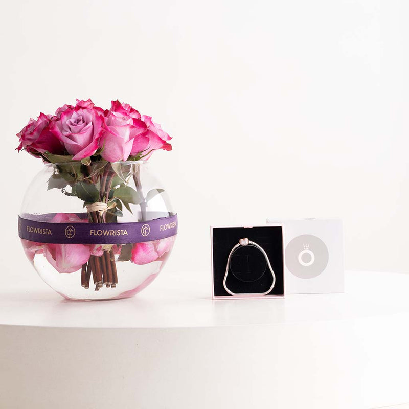 PANDORA Moments Silver Bracelet with Pavé Heart Clasp & Purple Roses Vase