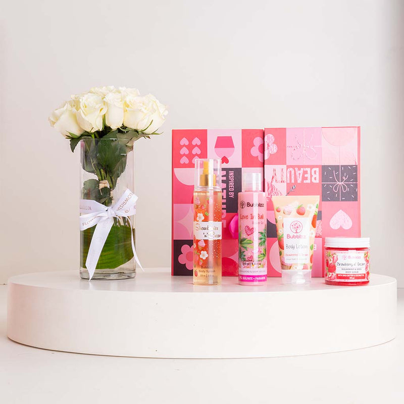 Bubblzz Strawberry Body Care Collection & White Roses Vase