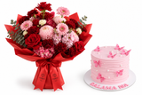 A floral bouquet with red, pink, and white flowers wrapped in red paper with a red ribbon, shown next to a pink frosted cake decorated with pink butterflies and the text 'SALAMA ISA' on a white background.