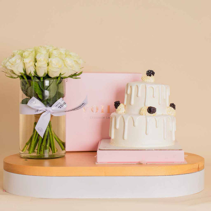 Voila Victorian Drip Cake & Vase Of 25 White Roses