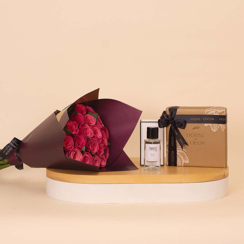 A Gift of Romance: Rose Oud, Chocolates & 15 Red Roses
