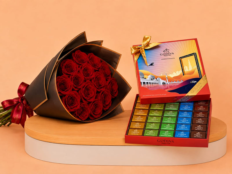 Godiva UAE Edition Gift Box & 15 Red Roses Bouquet