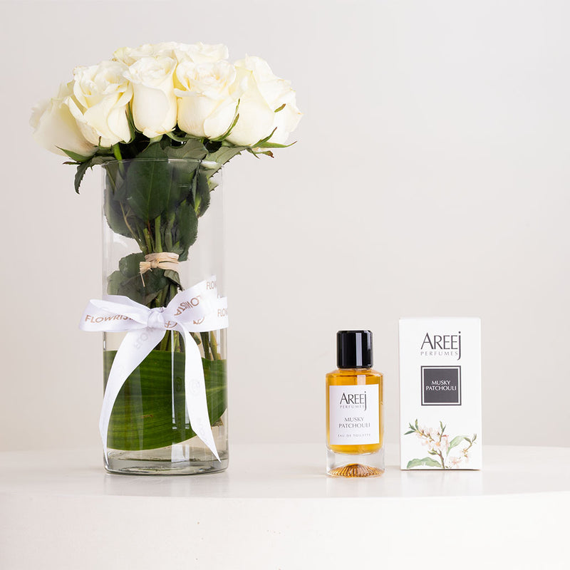 Areej Musk Patchouli with Vase of 20 White Roses
