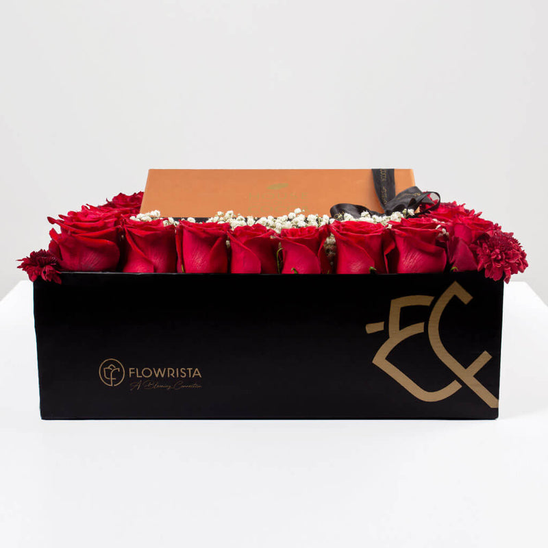House of Cocoa Chocolate Box 32 pieces and 21 red roses