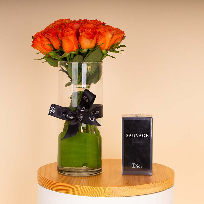 Dior Sauvage Eau de Toilette for Men 100 ml & Orange Roses Vase