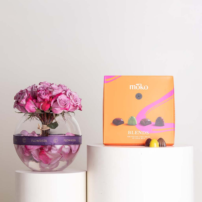 Moko Blend Chocolates Box & Purple Roses Vase