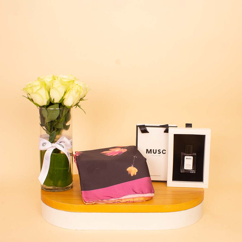 Veloor Layal Scarf & MUSC Coffee Musk with White Roses Vase
