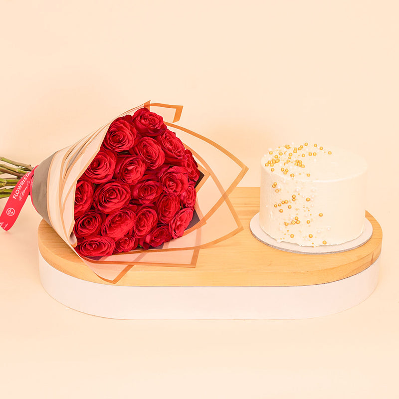 Ninos Golden Celebrations Cake & 20 Red Roses