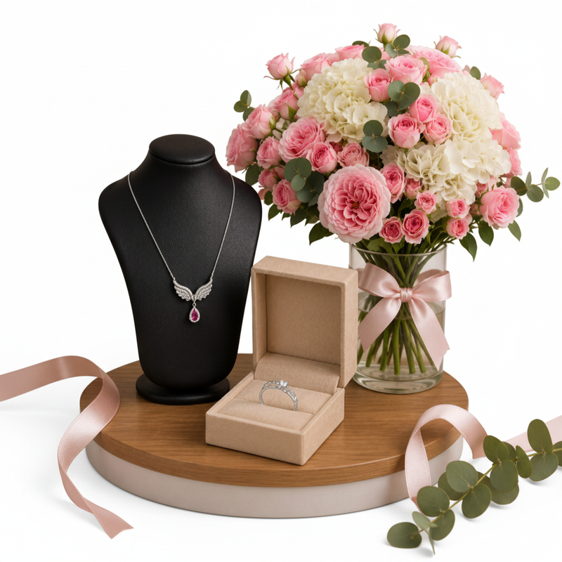 Angel Wings Necklace + Butterfly Ring + Pink Roses Vase - Full Scene