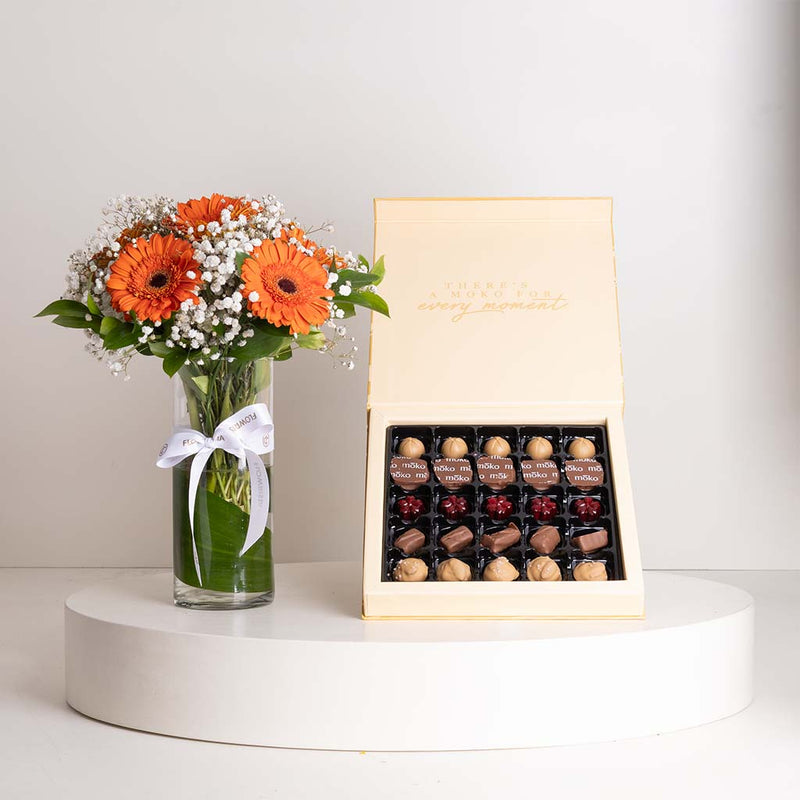 Moko Gold Collection Chocolates Box & Gerbera Mixed Vase