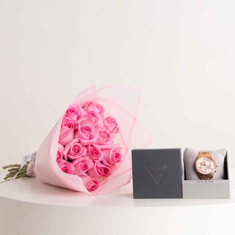 GUESS Solar Rose Gold Watch For Women & Revival Roses Bouquet