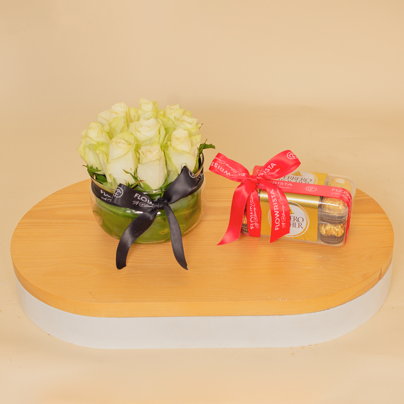 White Roses Vase with Ferrero Rocher Chocolates