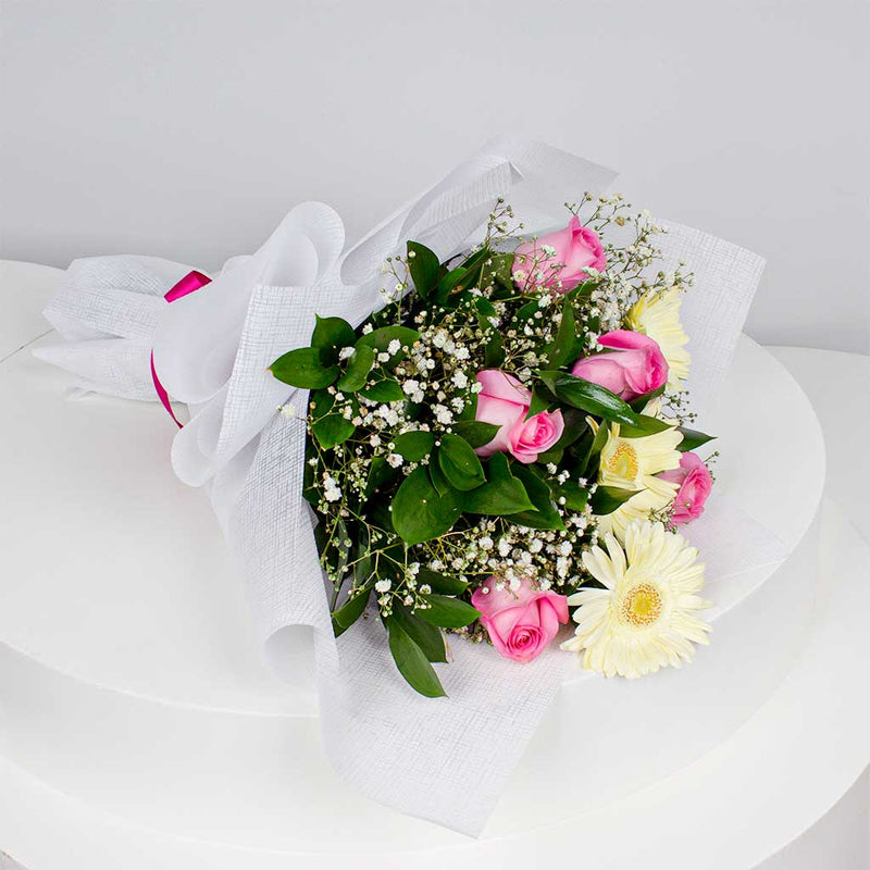 Whisper of Purity — White & Pink Roses Hand Bouquet
