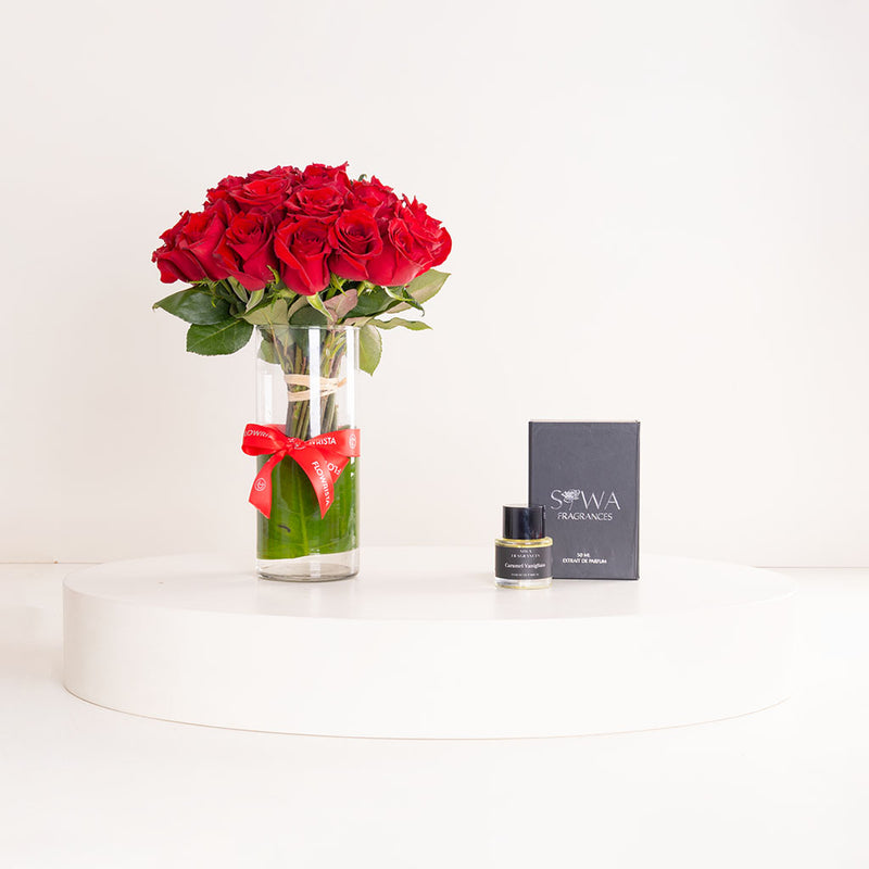 Siwa Caramel Vanigliato 50ml Fragrance & Red Roses Vase