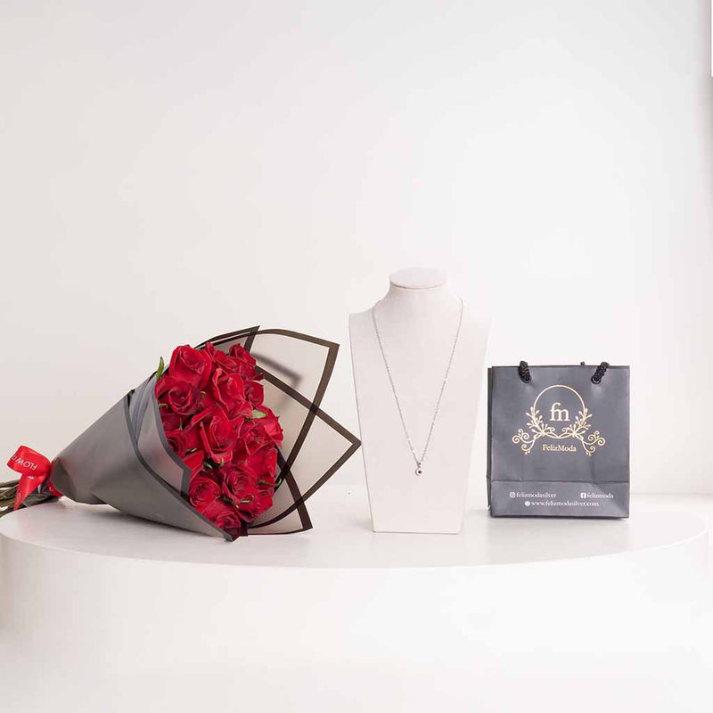 Felizmoda Silver Red Stone Pendant Necklace & Red Roses Bouquet