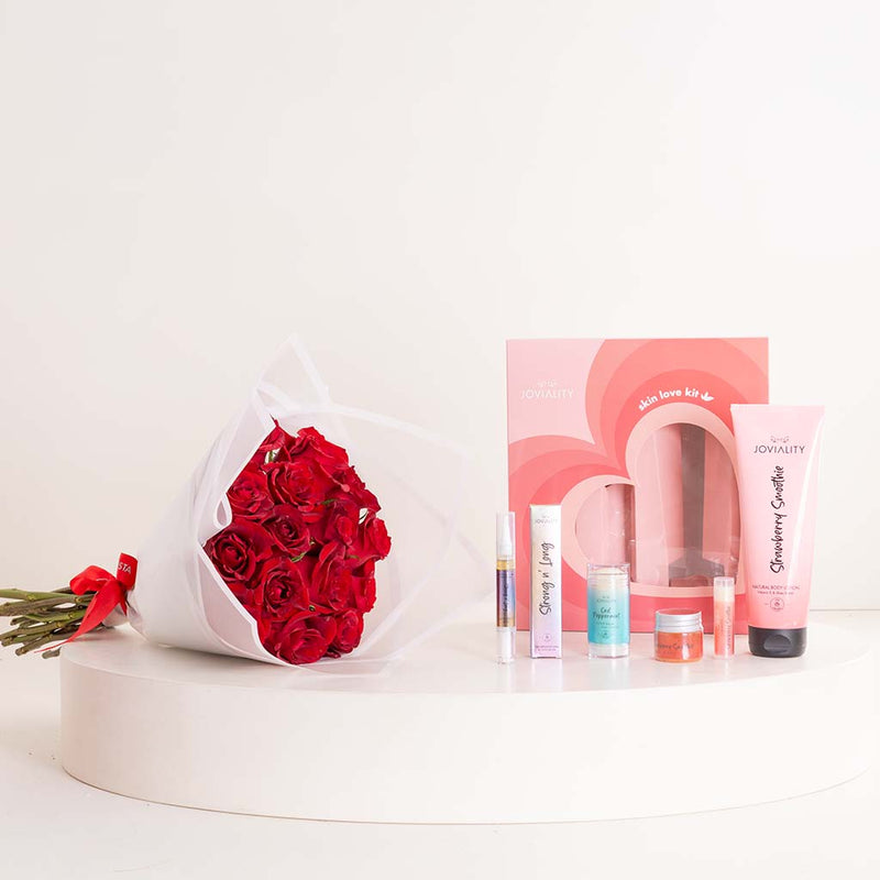 Joviality Skin Love Kit Valentine Box & Roses Bouquet