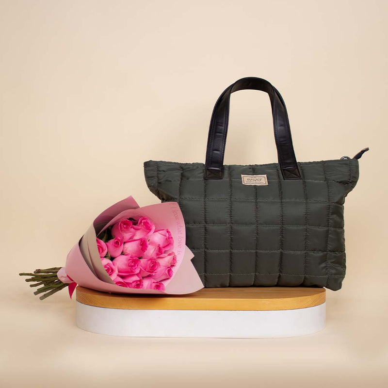 Pavo Olive Green Tote Bag Handbag & 15 Pink Roses