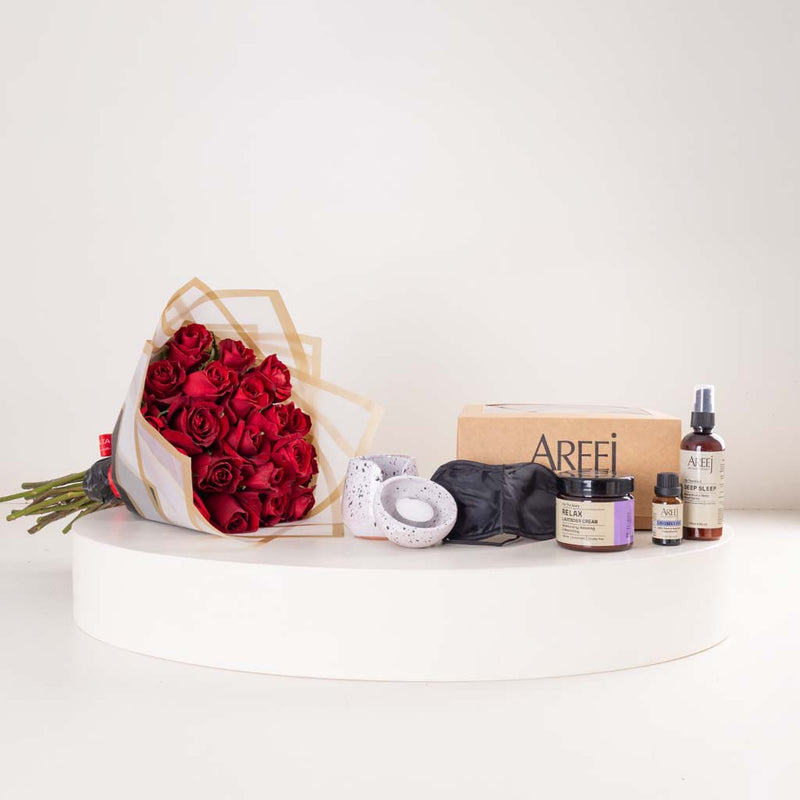 Areej Deep Sleep & Relaxation Set | Lavender Ritual & 20 Red Roses Bouquet