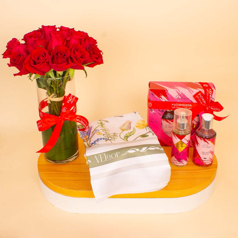 Whisper & Roses Elegance Bundle - Velour Floral Scarf & Soul & More Whisper Set & Red Roses