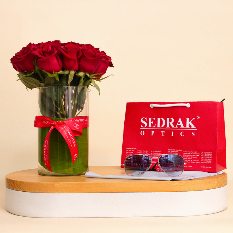 Ray-Ban Sunglass with Silver Frame & Gradient Lenses and 15 Red Roses Vase