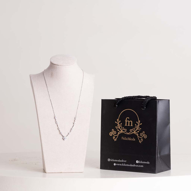 Square pendant with side multiple zircon stones silver necklace