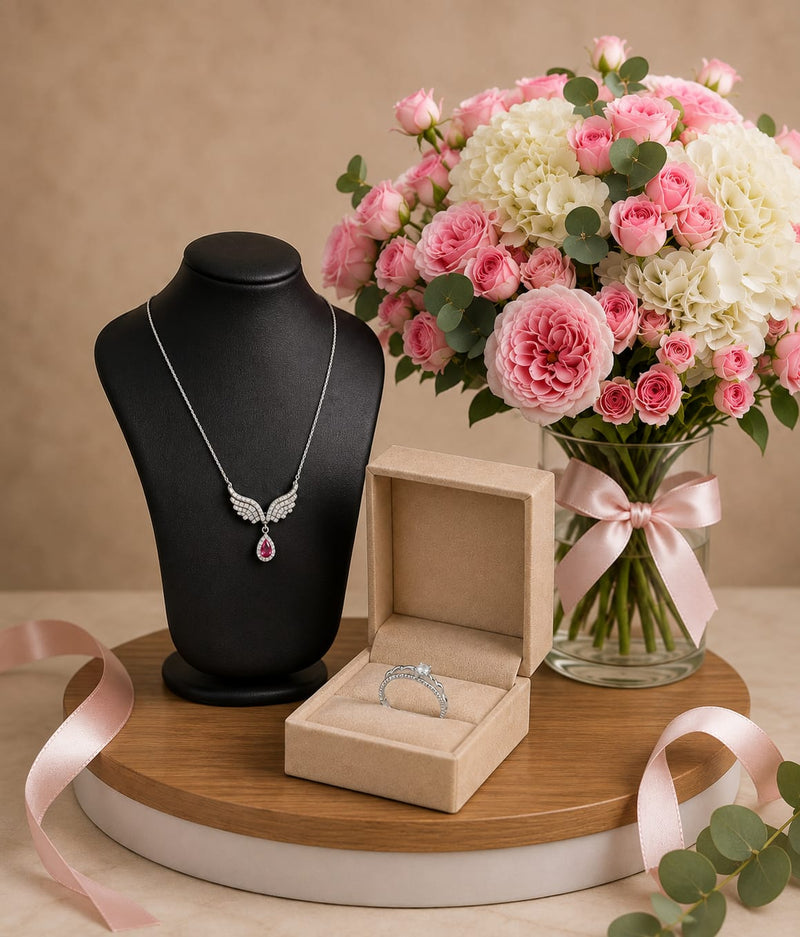 Silvara Angel Wing Necklace & Twisted Halo Ring Set with Pink Rose & White Hydrangea Vase