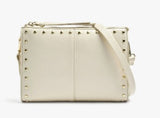 An off-white leather shoulder bag with gold-tone studs and a matching leather strap, shown against a plain white background.