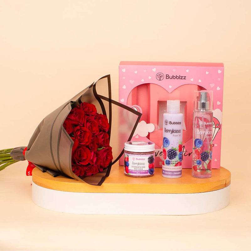 Bubblzz Love Is In The Air Beauty Berry Kit & Red Roses Bouquet