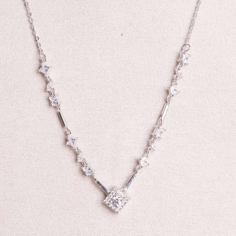 Square pendant with side multiple zircon stones silver necklace