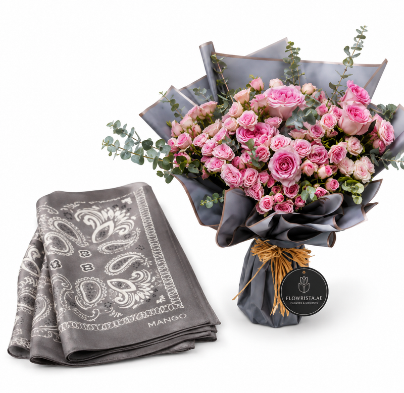 Mango Paisley Print Scarf with Flowrista Exquisite Pink Roses Bouquet