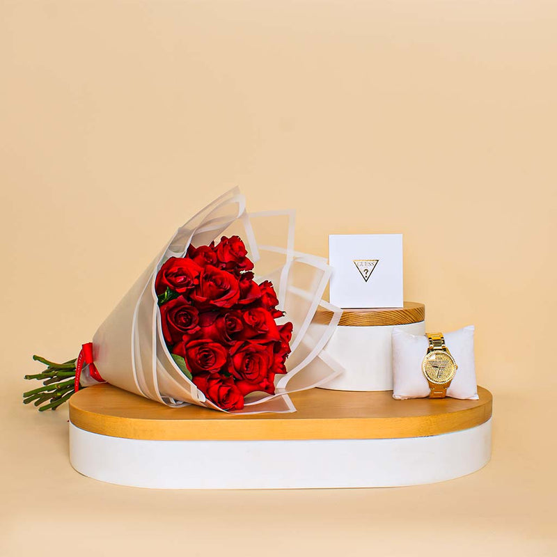 Guess Analoge Watch Armbanduhren in Gold GUGW0605L2 | 15 Red Rose Bouquet