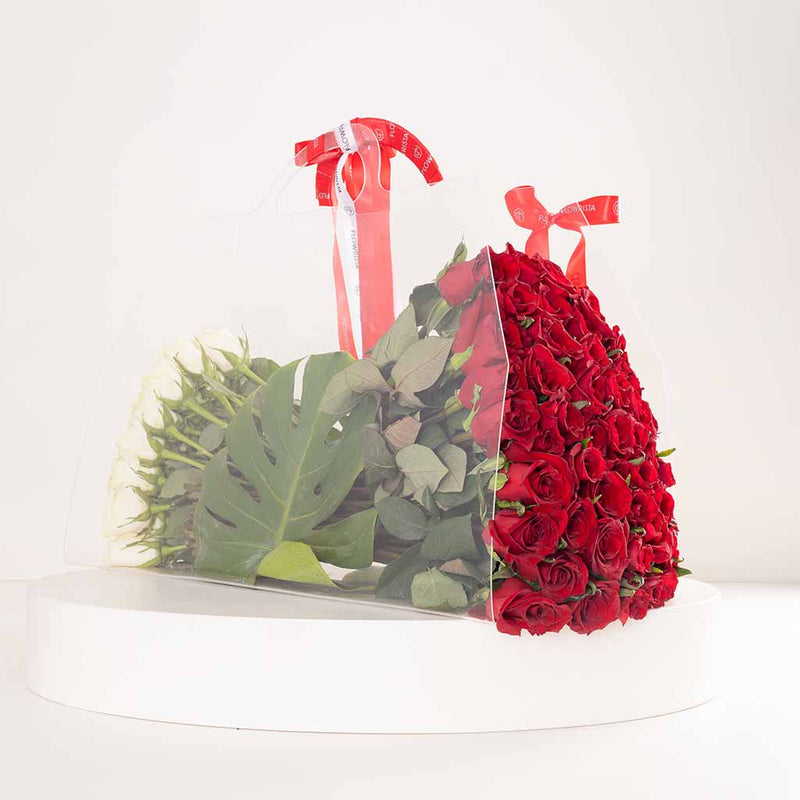 Flowrista Red & White Roses Acrylic Bag - 100 Stems