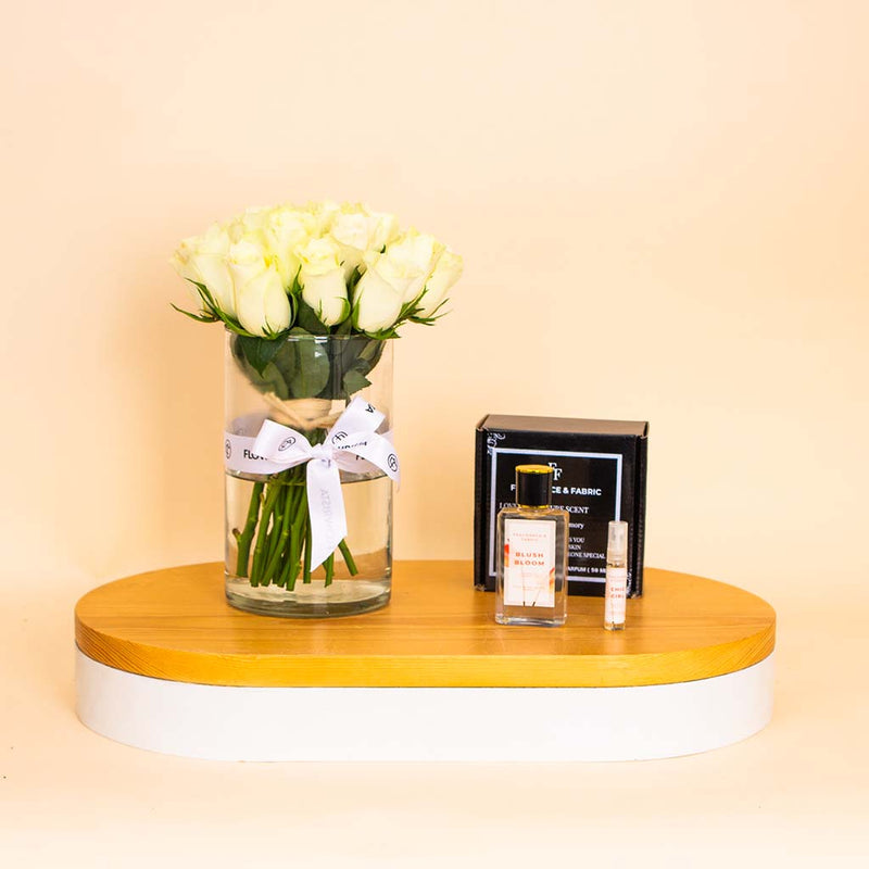 Fragrance & Fabric Blush Bloom for Woman & White Roses Vase