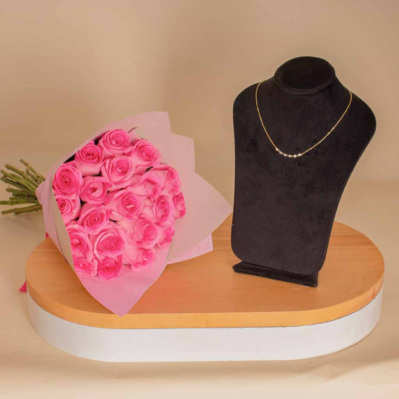 Gold-Plated Silver Necklace with White Zircon Stones | Pink Roses Bouquet