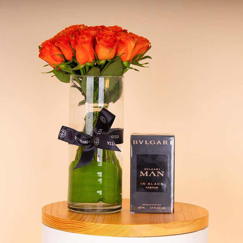 BVLGARI Man in Black Eau de Parfum 100 ml & Orange Roses Vase
