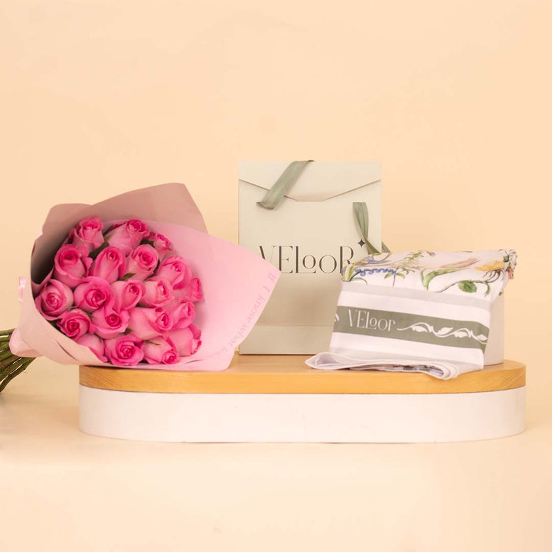 Flora Scarf with Hand Bouquet of 20 Pink Roses
