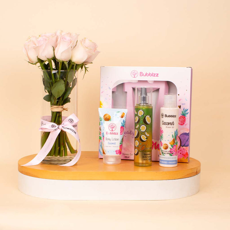 Bubblzz Glow Gift Set Coconut & Pink Roses Vase